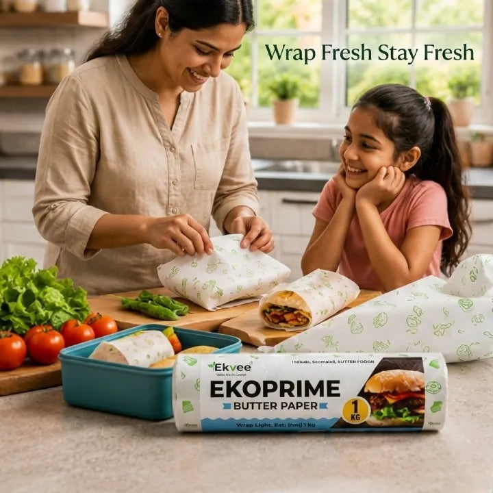 Mother and daughter preparing food in a kitchen, wrapping sandwiches in Ekopirme butter paper, with a 1 kg butter paper roll in the foreground and the text “Wrap Fresh Stay Fresh.”