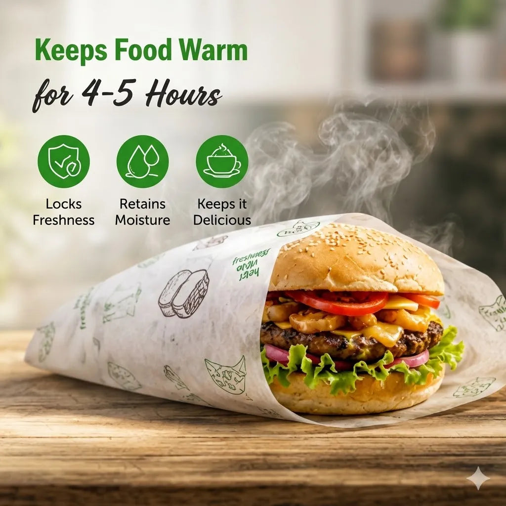 A hot burger wrapped in branded paper sits on a wooden surface with steam rising, alongside marketing text that says it keeps food warm for 4-5 hours and three green icons for freshness, moisture retention, and deliciousness.