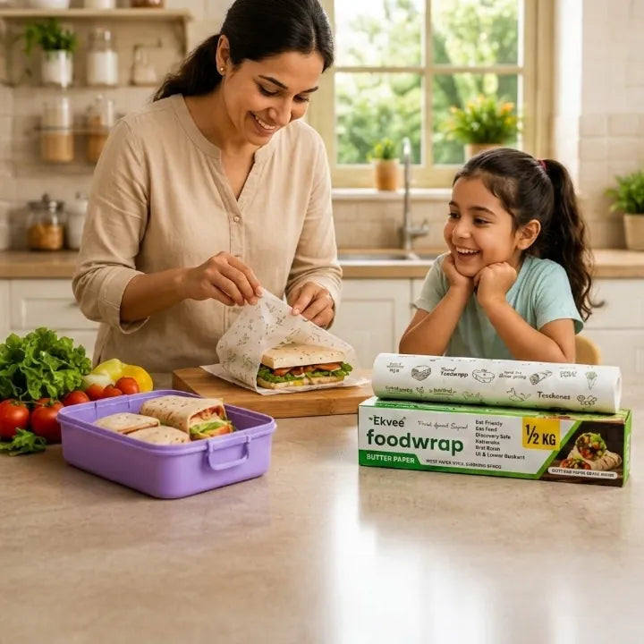 A woman and a child in a bright kitchen prepare food with Ekvee food wrap. A purple lunchbox with wraps is on the counter, along with a roll of Elvie's food wrap and a box of Ekvee butter paper wrap.
