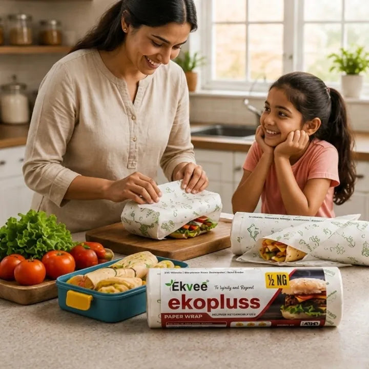A woman and a child in a bright kitchen prepare wrapped sandwiches using Ekvee Ekopluss paper wrap, with fresh tomatoes, lettuce, and baked goods on the counter.