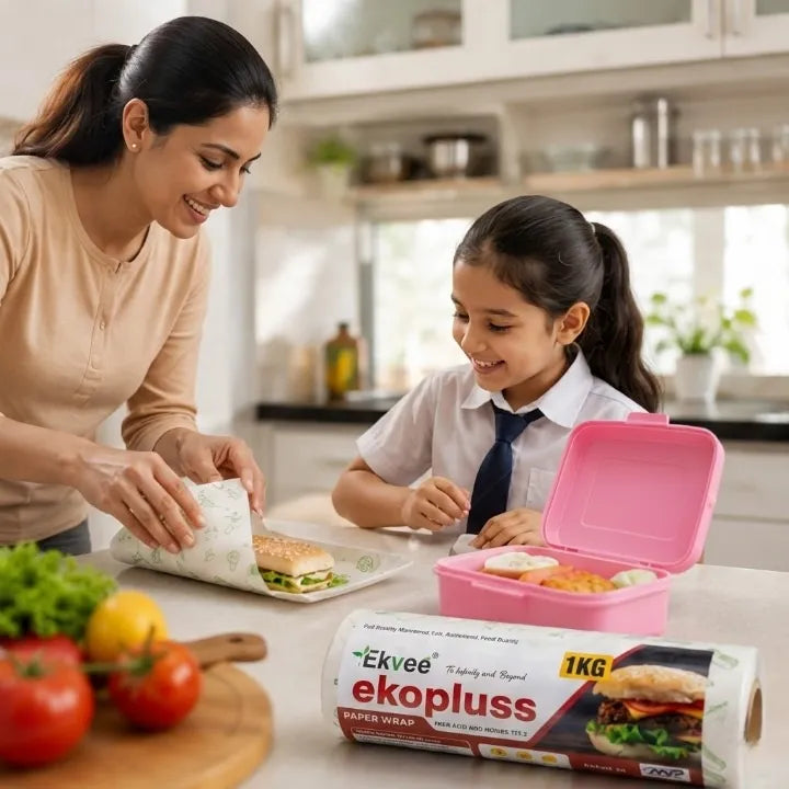 A woman and a child preparing lunch in a bright kitchen. The woman wraps a sandwich in a paper wrap, and the child has a pink lunchbox with food inside.