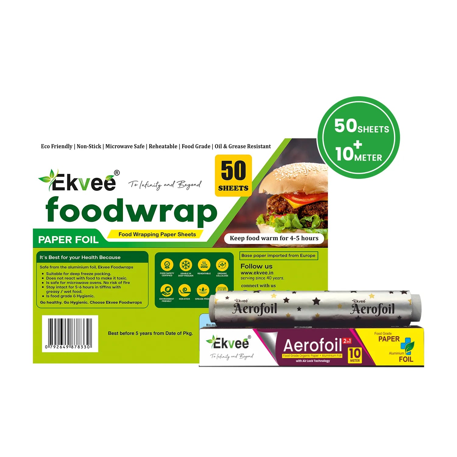 Ekvee Foodwrap paper foil package advertising 50 sheets and 10+ meters, shown with an Aerofoil 2-in-1 10-meter aluminium foil and food-grade paper roll in the foreground; the packaging highlights microwave-safe, non-stick, reusable, oil- and grease-resistant, and food-grade features.