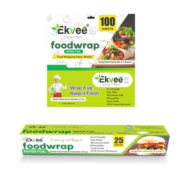 Ekvee Uniwraps Food Wrapping Paper Sheets and Foil Paper Roll (100 Sheats + 25 Meter)